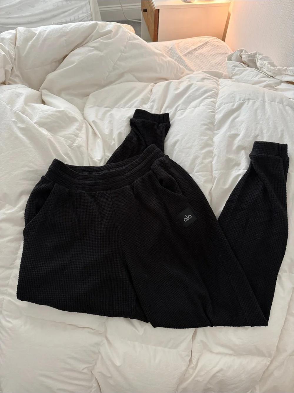 ALO Yoga Black Waffle Knit Joggers with Logo
